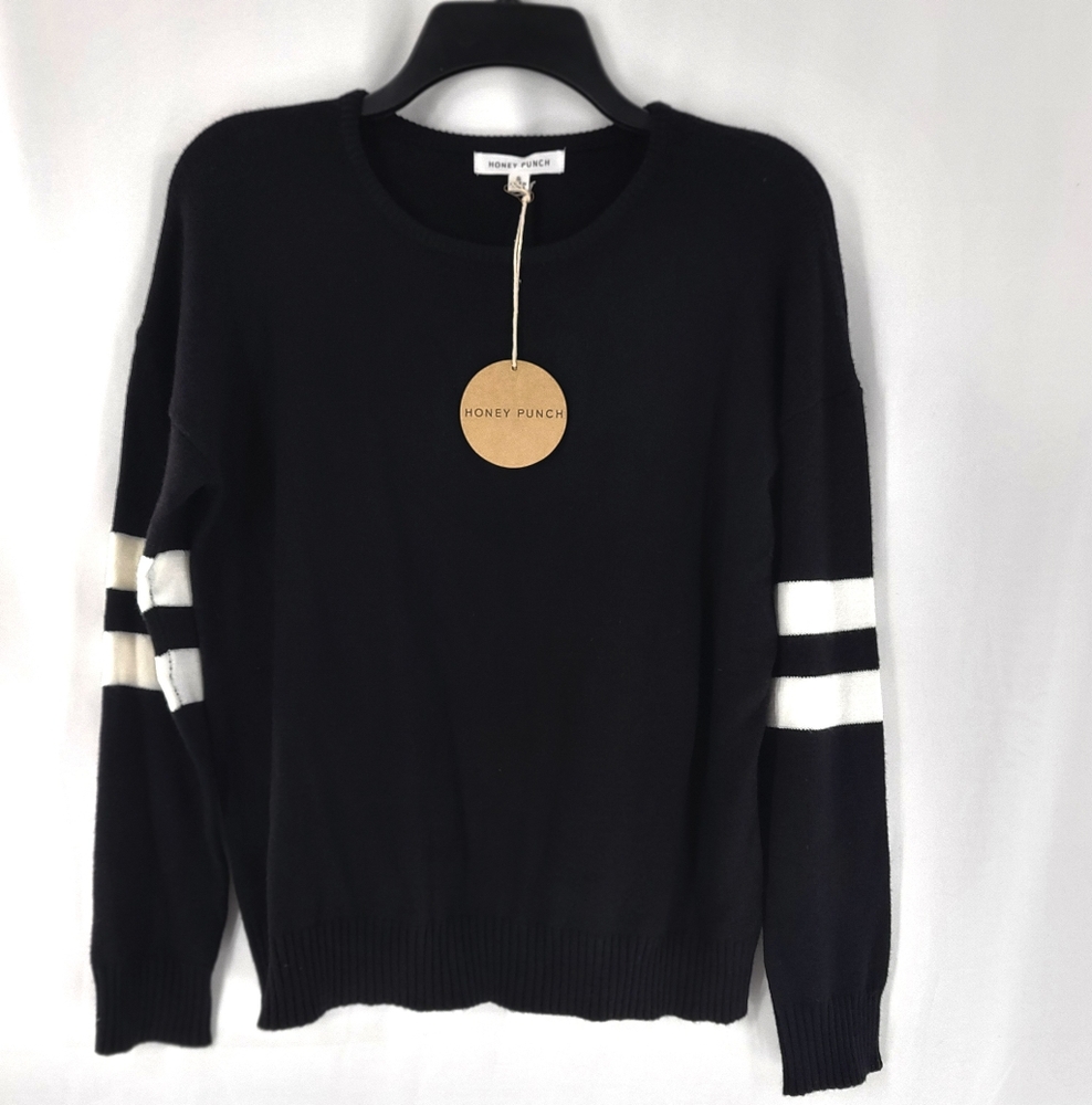 NWT Honey Punch Black Sweater with White Stripes Sz S